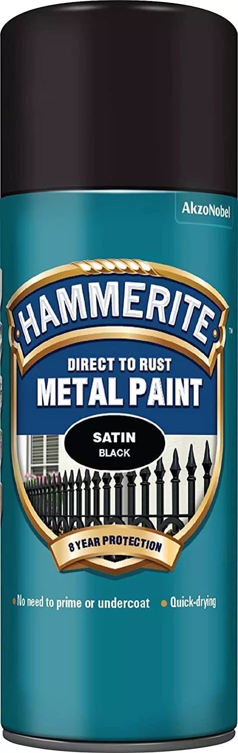 Hammerite Direct To Rust Satin Black Aerosol Quick Drying Spray Paint 400ml x 5