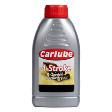 Carlube 4-Stroke Garden Machinery oil bottle with red cap on a white background