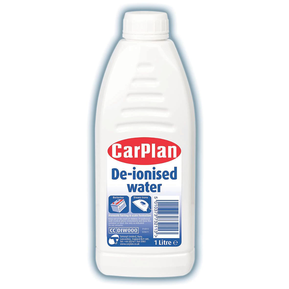 CarPlan De Ionised Water 1L bottle with clear liquid and blue and white branding.