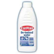 CarPlan De Ionised Water 1L bottle with clear liquid and blue and white branding.