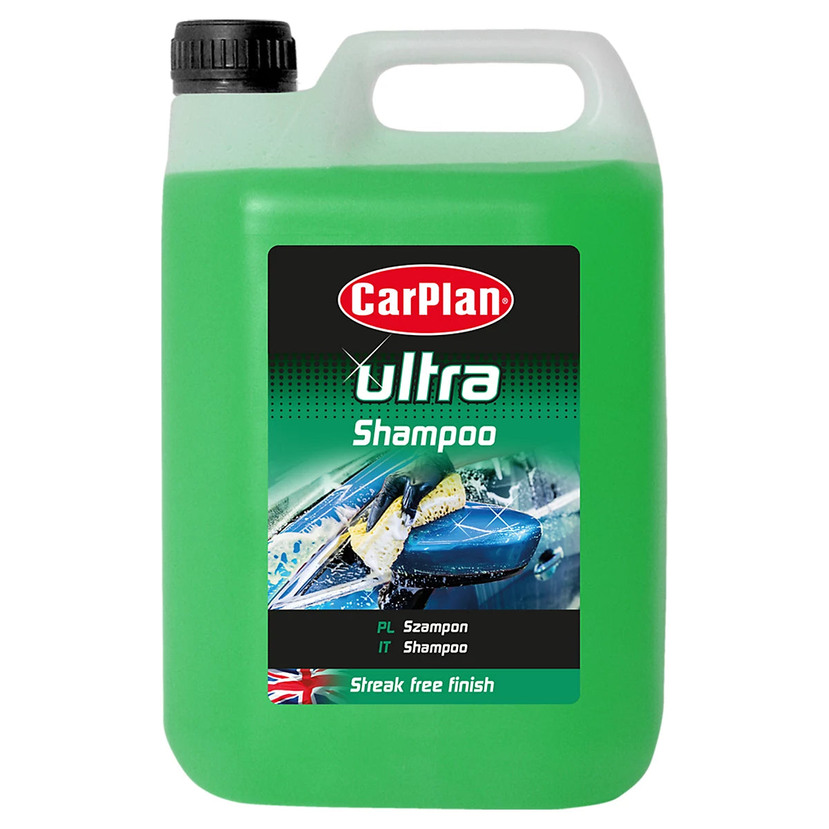 Green bottle of CarPlan Ultra Shampoo on a white background