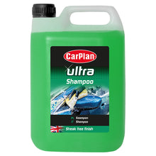 Green bottle of CarPlan Ultra Shampoo on a white background