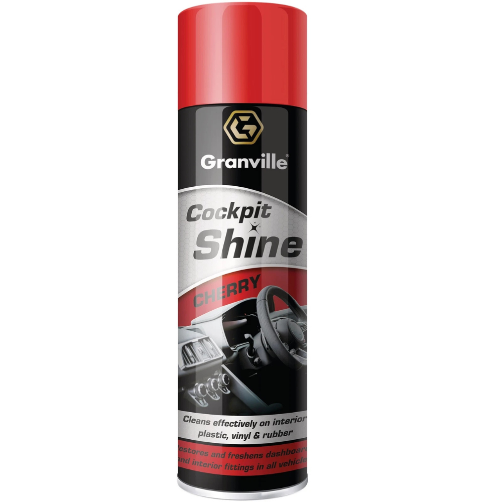 Granville Cockpit Shine Gloss Cherry 500ml aerosol can with red themed label and interior dashboard graphics.