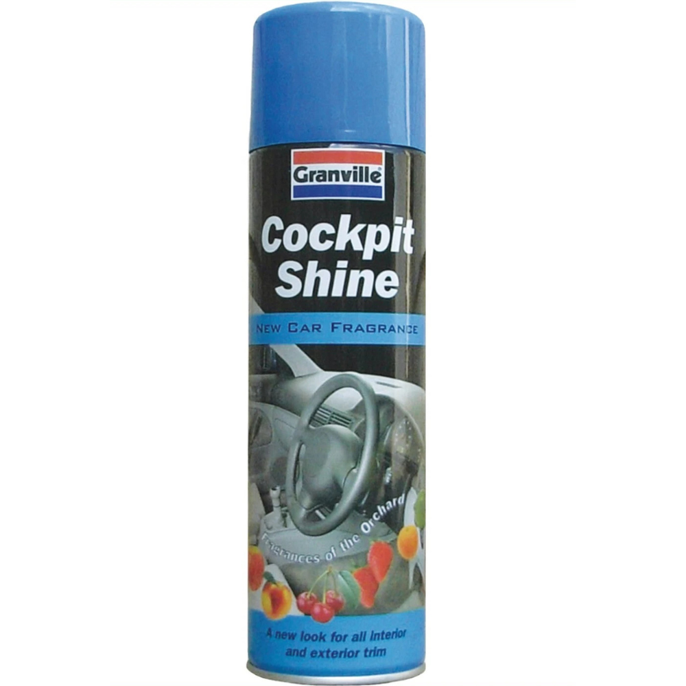 Granville Cockpit Shine Gloss New Car 500ml aerosol can with blue and silver label and interior dashboard graphics.
