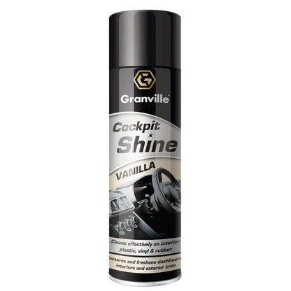 Granville Cockpit Shine Gloss Vanilla 500ml aerosol can with cream and gold themed label and interior dashboard graphics.