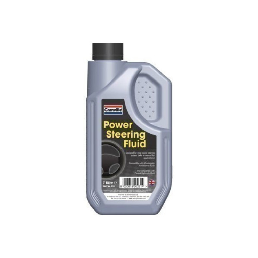 Bottle of power steering fluid with a label on a white background