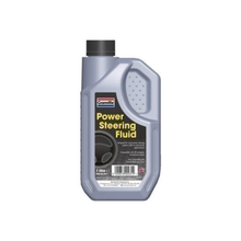 Bottle of power steering fluid with a label on a white background