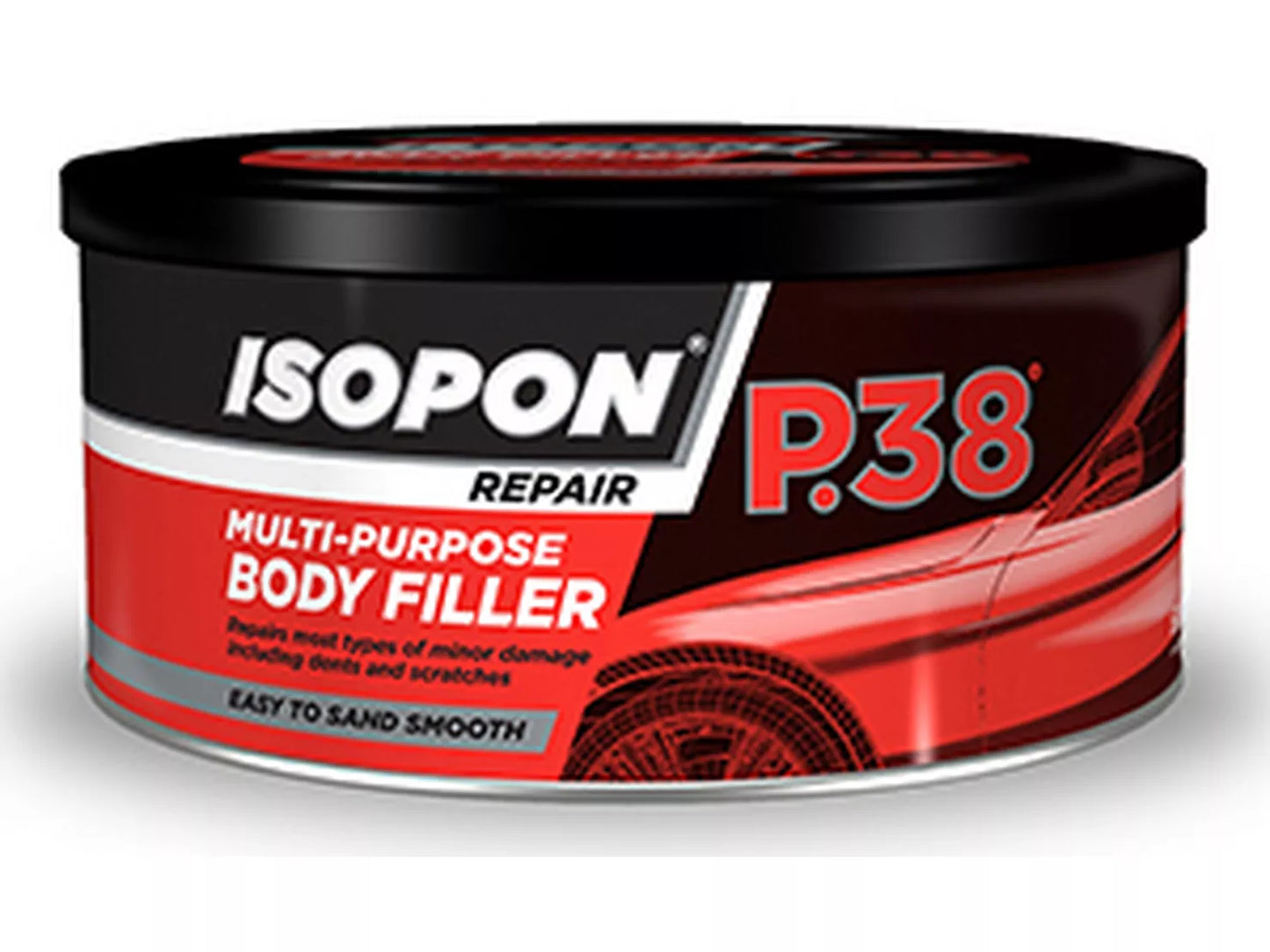 Isopon P38 Super Easy Sanding Lightweight Body Filler 600ml tin with black and orange branding.
