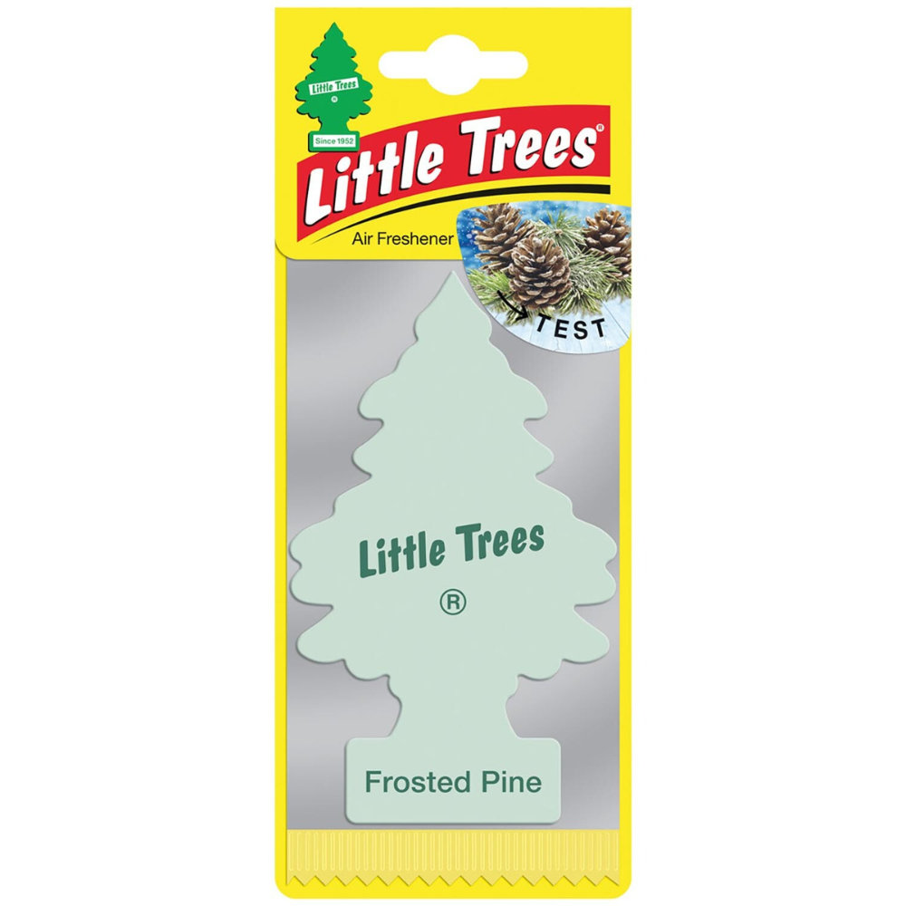 Little Trees Frosted Pine air freshener in green and winter themed packaging with pine imagery