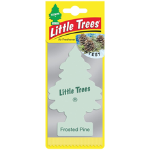 Little Trees Frosted Pine air freshener in green and winter themed packaging with pine imagery