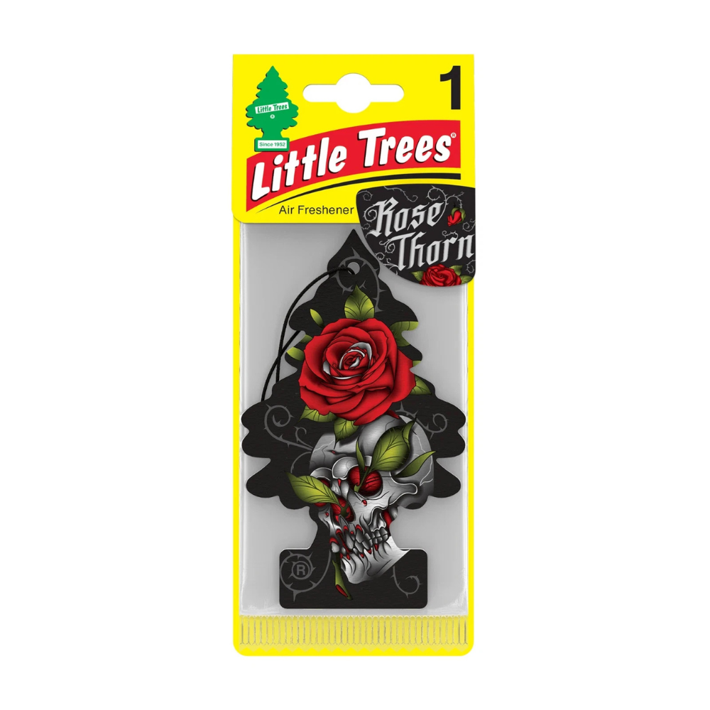 Little Trees Rose Thorn air freshener in yellow packaging with black and red rose graphics.