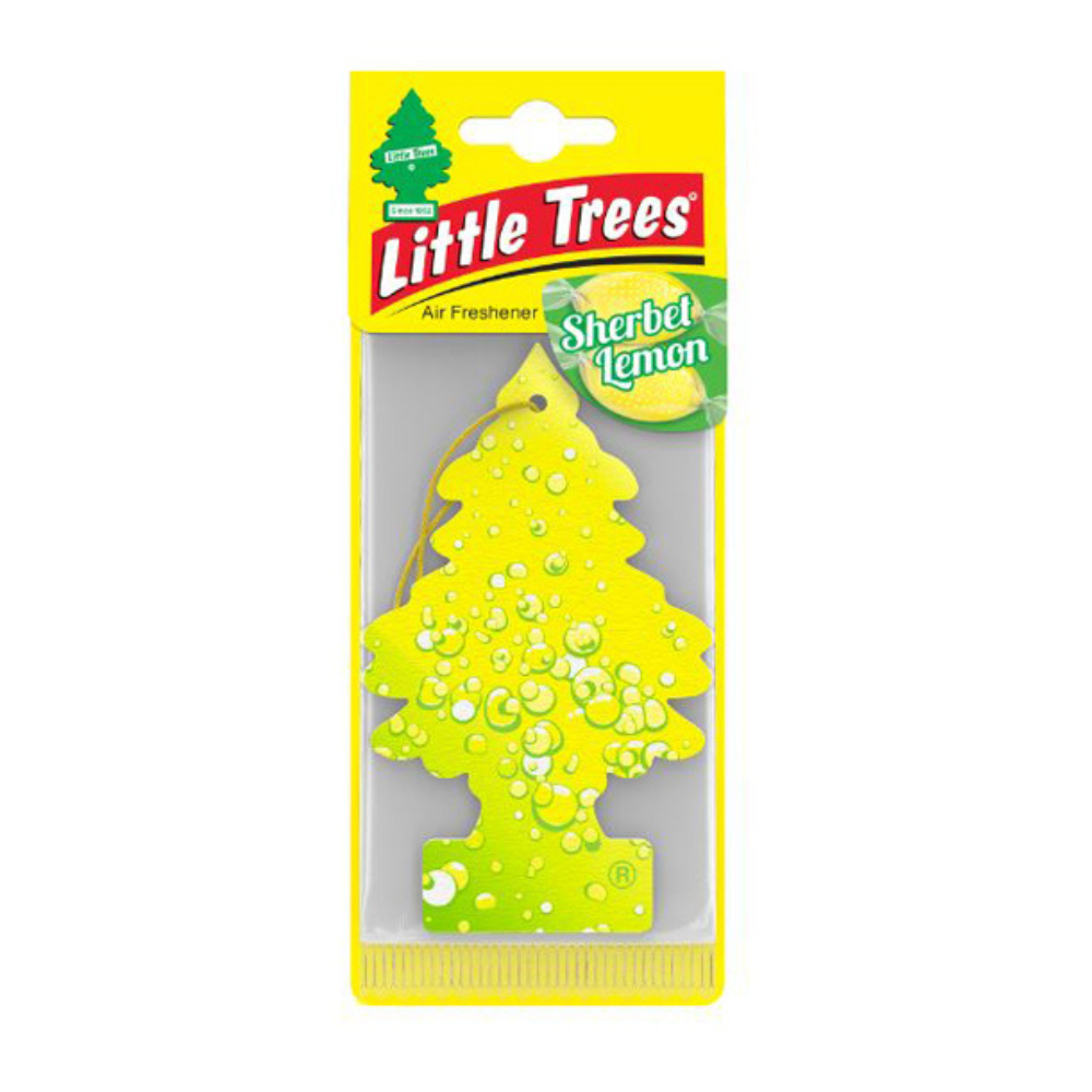 Little Trees Sherbet Lemon air freshener in yellow themed packaging with lemon imagery.