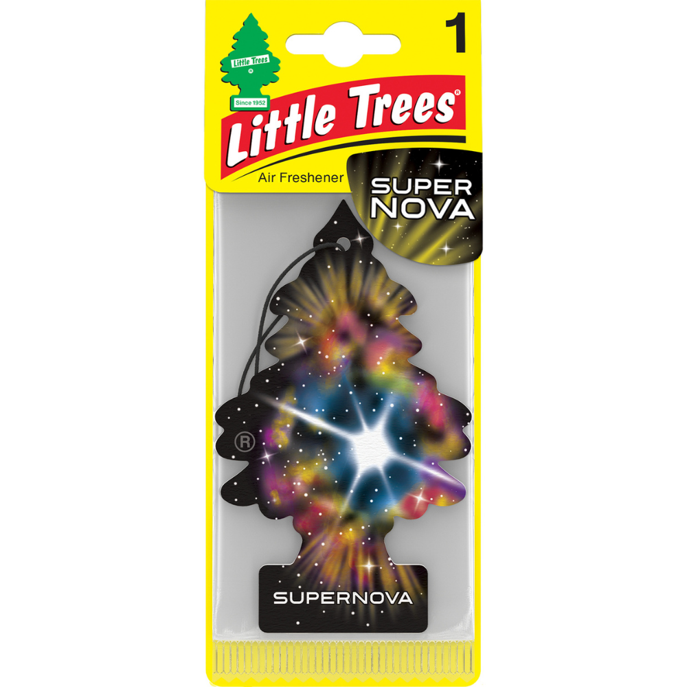Little Trees Supernova air freshener in yellow and cosmic themed packaging.