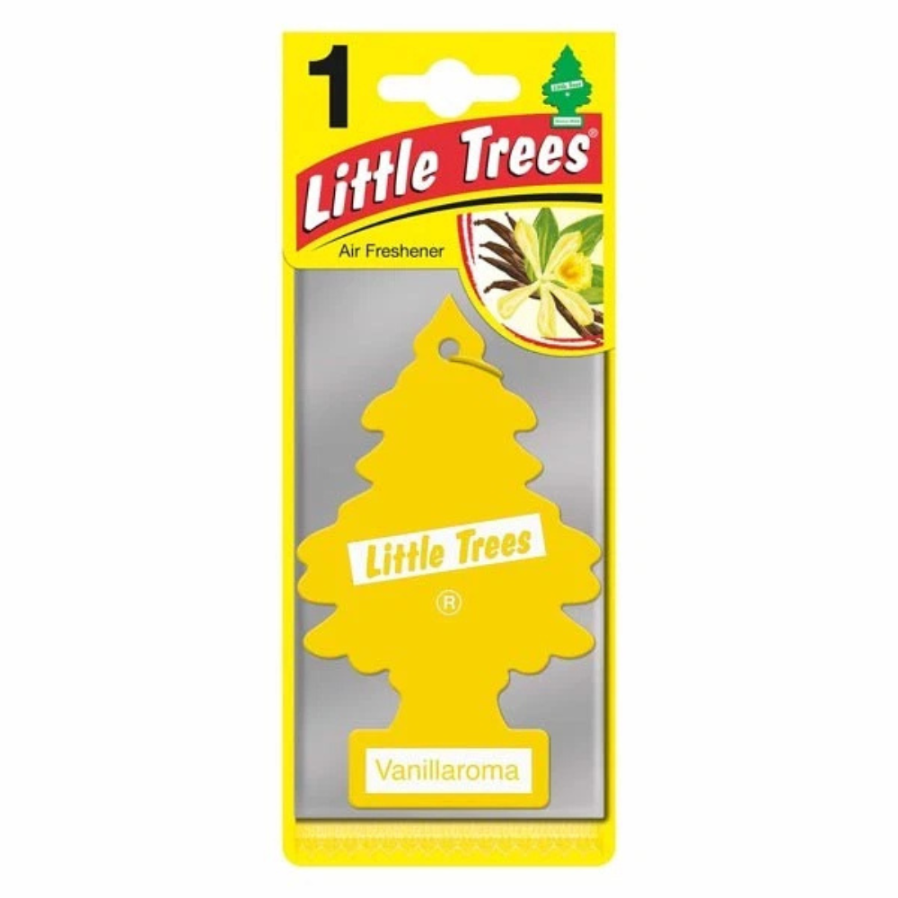 Little Trees Vanillaroma air freshener in yellow packaging with a vanilla themed design