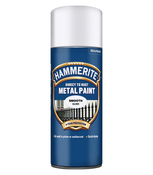 Hammerite Smooth Direct to Rust Aerosol Metal Paint – Smooth Silver 400ml