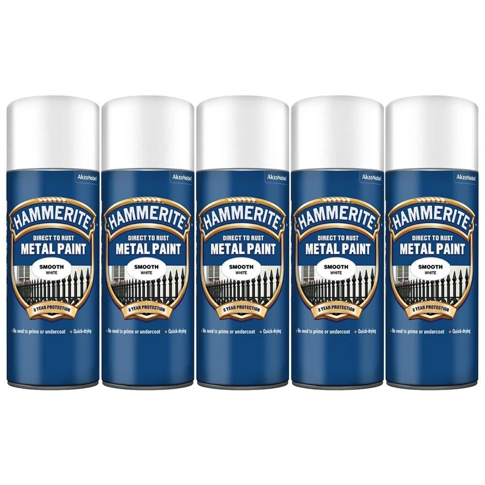 5 x Hammerite Smooth Direct to Rust Aerosol Metal Paint – Smooth White 400ml