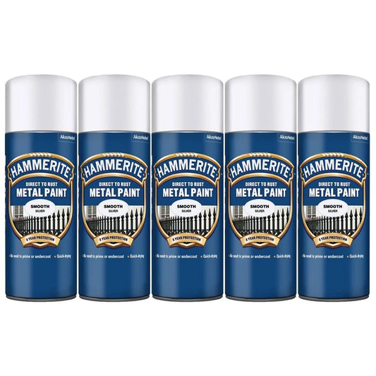 5 x Hammerite Smooth Direct to Rust Aerosol Metal Paint – Smooth Silver 400ml