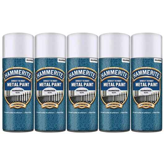 5 x Hammerite Direct to Rust Aerosol Metal Paint – Hammered Silver 400ml