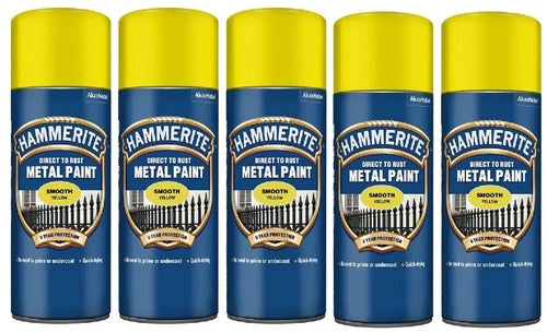 5 x Hammerite Smooth Direct to Rust Aerosol Metal Paint – Smooth Yellow 400ml
