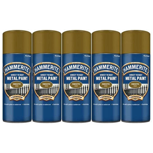 5 x Hammerite Smooth Direct to Rust Aerosol Metal Paint – Smooth Gold 400ml